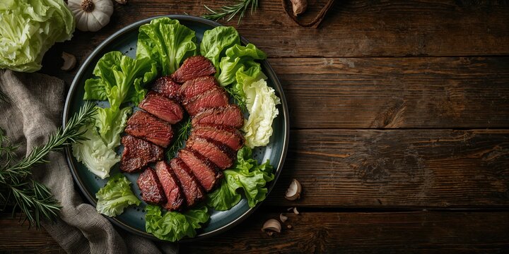 Sliced bavette beef with lambs salad and iceberg lettuce arranged on a plate, viewed from above for food presentation