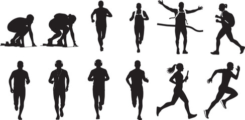 Energetic Silhouettes of Diverse Runners in Motion, Capturing Various Stages of Athletic Pursuit and Dynamic Racing Action