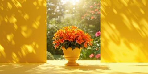 Orange flowering tuberous begonias in a garden setting, focusing on vibrant bloom display
