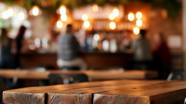 Blurred view of a rustic wooden table in a cozy bar setting with warm lighting and patrons in the background. Ideal for showcasing social gatherings and nightlife ambiance