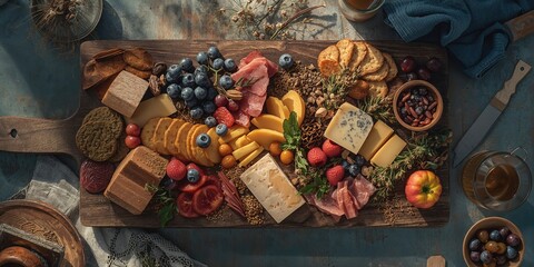 Assorted cheese, crackers, and fruit arranged on a wooden surface for an appetizer, seasonal harvest
