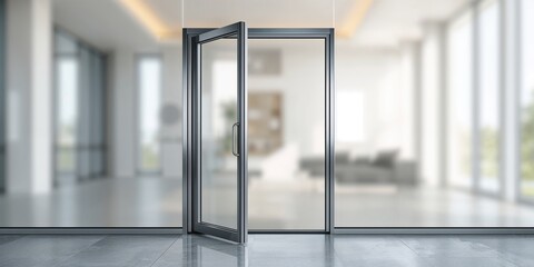 Close-up of an aluminum window trim surrounding an open metal door frame, suitable for architectural maintenance