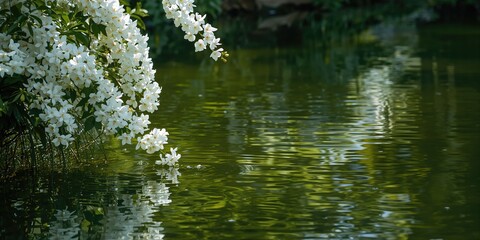 White flower overhang around a fishpond, suitable as a tranquil garden background for text or layout, Earth Day