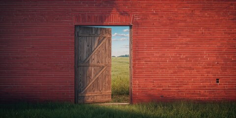 Weathered wooden door in a shed setting against a red brick wall for structural analysis