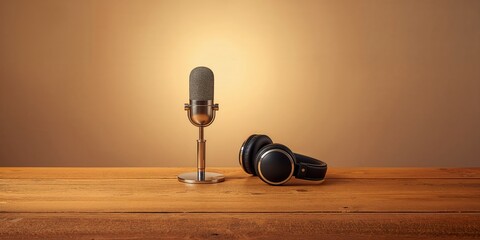 Microphone and headphones placed on wooden surface, used for sound recording and editing, World Audio Day
