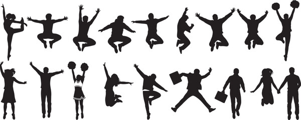 Dynamic Silhouettes Capturing Moments of Pure Happiness and Unbridled Joy, Illustrating Success and Energetic Freedom for Diverse Individuals in a Celebratory Display