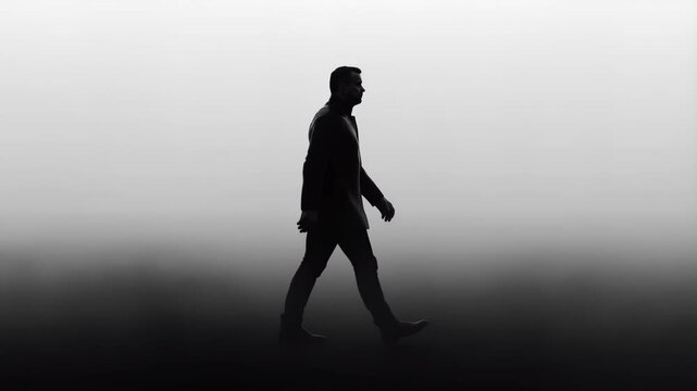 Silhouette of a man walking confidently against a gradient background. Represents determination and purpose in a professional setting