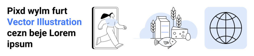 Obraz premium Digital trends, food sustainability, global trade, e-commerce, healthy living, communication. Person exiting a screen, food items globe icon. Digital trends and food sustainability concept