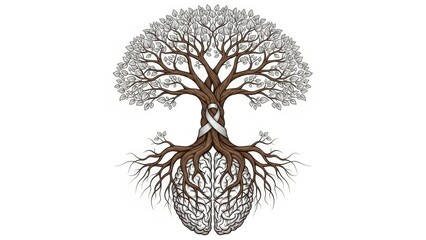 Symbolic tree of life with intertwined brain roots and white ribbon