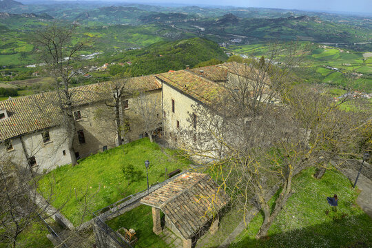 San Marino - Picturesque corners of the historic city of medieval fortifications on top of the hill Mount Titano - UNESCO World Heritage Site