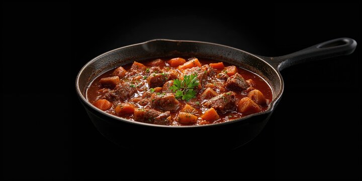 Hearty beef goulash cooked in a cast iron skillet against a dark backdrop, highlighting rustic cuisine
