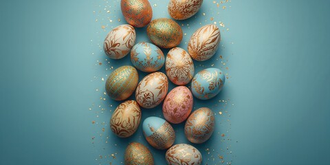 Easter eggs decorated with gold and colorful patterns from a top perspective, set against a blue backdrop, for holiday greetings
