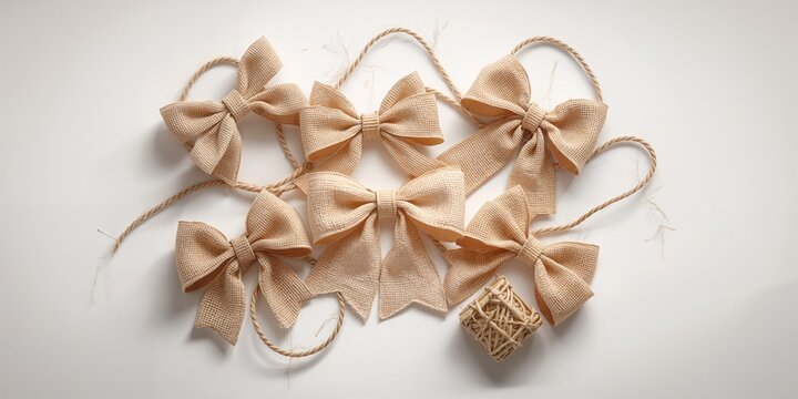 Natural craft decorations featuring beige canvas, rope, and raffia bows, ideal for DIY home accents