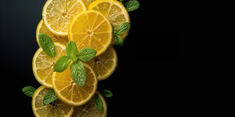 Juicy lemon slices and mint leaves set against a black backdrop, emphasizing ingredients for drinks and cocktails, World Beverage Day