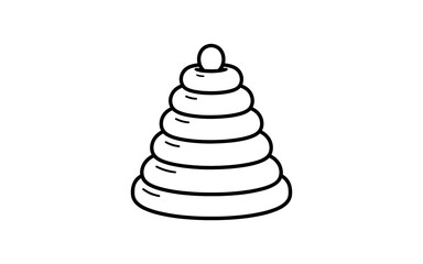 Simple black and white line drawing of a stacking ring toy for babies and toddlers
