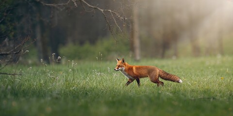 Obraz premium Red fox in natural habitat, alert and hunting in a lush European forest meadow, wildlife scene