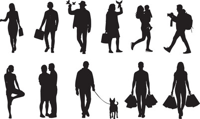 Silhouettes of diverse people walking, shopping, and carrying bags, showcasing everyday activities and urban lifestyles
