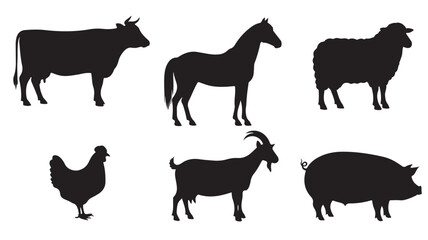 Fototapeta premium Farm Animal Silhouettes on White Background