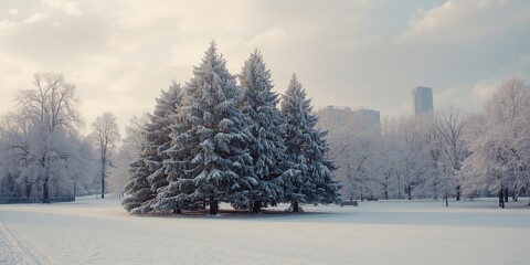 Snow-laden trees in a city park during winter emphasizing preservation efforts