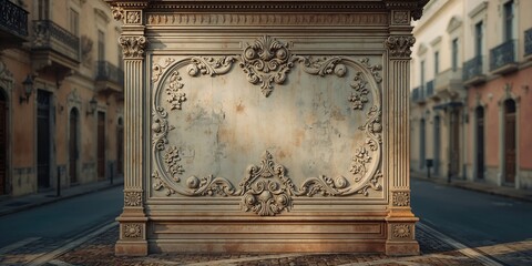 Public area in Georgia featuring building facades with plaster moldings and textured surfaces, city infrastructure