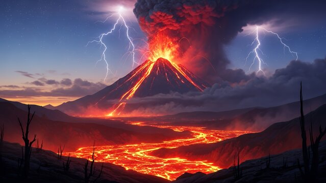 Spectacular Volcanic Eruption with Fiery Lava Flow and Dramatic Lightning Strikes Across the Night Sky. - Powered by Adobe