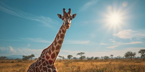 Close-up of a giraffe with a bright sky background, highlighting conservation efforts in wildlife habitats, World Wildlife Day