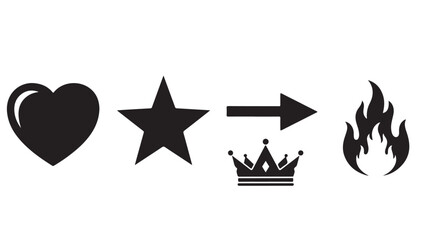 Obraz premium Black Heart, Star, Arrow and Crown, and Flame Icons on White Background