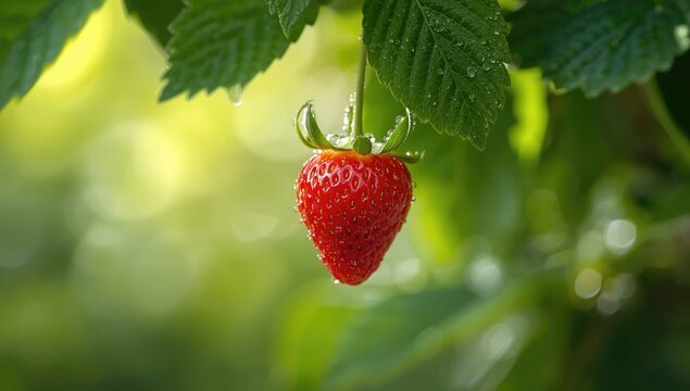 Fresh strawberry growing among lush green leaves, ideal for agricultural maintenance
