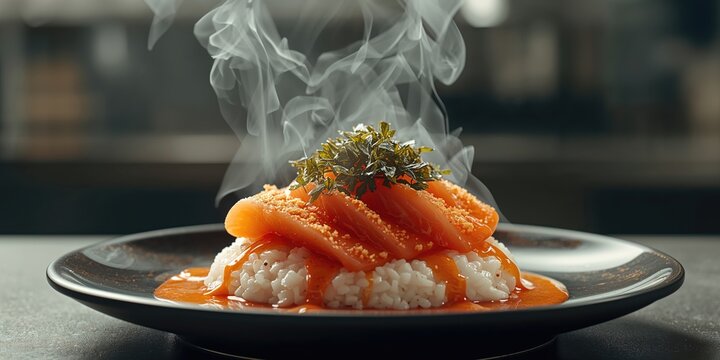 Salmon Kma Mentai Rice, topped with sliced salmon and spicy mayo, torch-flamed for smoky flavor, highlighting culinary techniques
