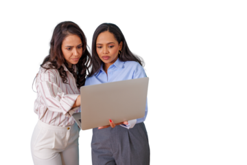 Businesswomen colleagues discussing work on laptop, collaborating on project, focusing on technology, transparent background
