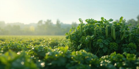 Vegetable garden with green pea and celery plants during active growth, highlighting seasonal planting