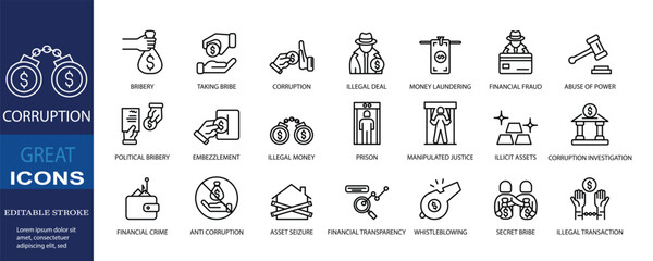 Set of icons for corruption. Editable stroke. Vector illustration