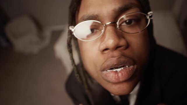 High angle close up shot of young Black male hip hop artist wearing silver grillz and fashionable eyeglasses performing intense rapping looking at camera while recording music video in studio