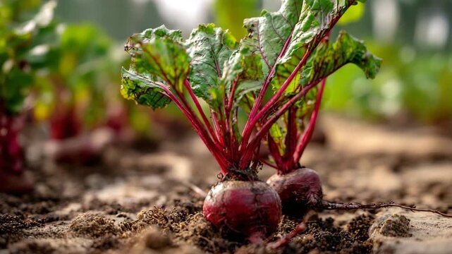 Fresh beetroot growing in a garden healthy root vegetable with vibrant green leaves organic farming concept for healthy eating and agriculture