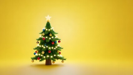 Illuminated christmas tree with ornaments against a solid yellow background