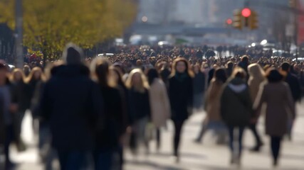 Busy urban street filled with pedestrians crossing during the day. Represents the hustle and bustle of city life and social interaction