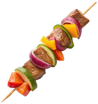 A meticulously arranged and appetizing grilled kebab skewer featuring tender chunks of seasoned beef interspersed with vibrant slices of red onion, sweet bell, isolated on transparent background.