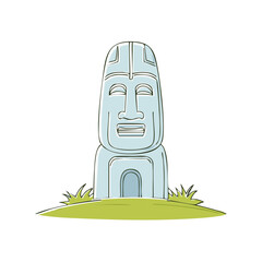 Fototapeta premium Ancient stone statue standing guard over green hills, weathered monument landmark.