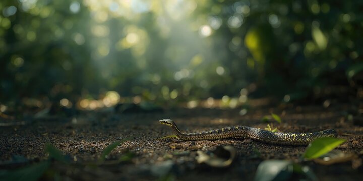 Mica snake among trees and foliage, highlighting wildlife adaptation and concealment