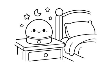 Cute kawaii night light with a smiling face sits on a bedside table next to a bed