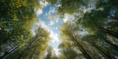 Fototapeta premium Travel scene of a summer forest canopy viewed from below, with vibrant green leaves against a bright sky, captured with gimbal stabilization