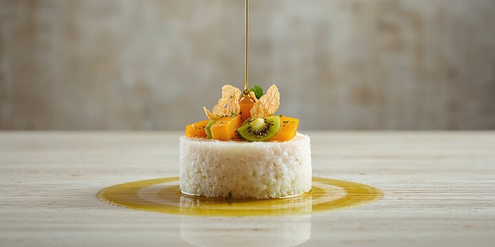 White fish tartare topped with kiwi, persimmon, and coconut chips served as a cold dish highlighting fresh ingredients, food safety