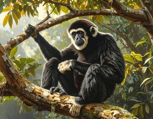 Obraz premium A black-and-white gibbon with a thoughtful expression perched on a tree branch, surrounded by lush green foliage