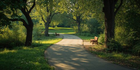 Obraz premium Serene park walkway shaded by trees with benches for rest, urban outdoor space for leisure activities