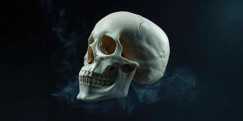 Skull with prominent teeth against a dark backdrop emphasizing anatomical features