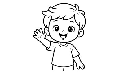 Obraz premium Cute cartoon boy waving hello with a cheerful expression and simple outline design