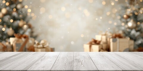 White wood tabletop with blurred cozy living room decor and string lights, ideal for advertising displays during winter,