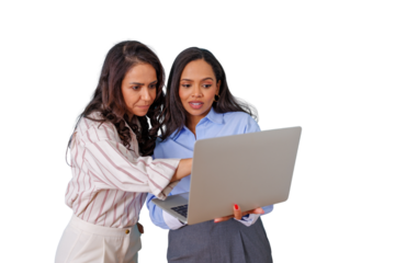 Professional businesswomen collaborating on laptop, discussing project details and teamwork, transparent background