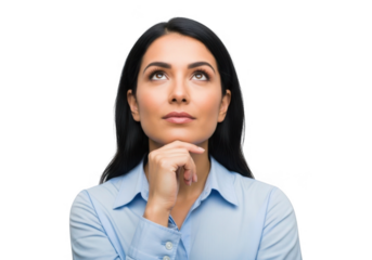 Thoughtful young woman with hand on chin looking upwards isolated on transparent background