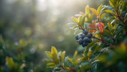Blueberry bushes in early spring with colorful foliage and sunlight, used as a background or UI backdrop